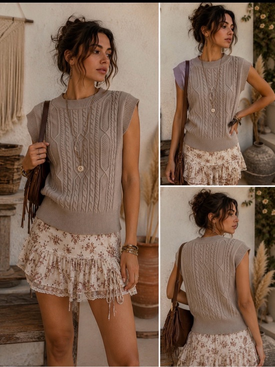 Cyrus Tops - Cyrus Cable Knit Sleeveless Vest in Taupe Beige,Size Small